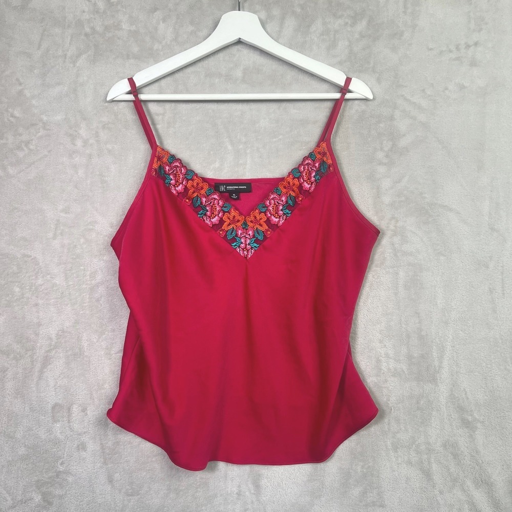 INC Cami Tank Top XL Pink Satin Floral Lace Embroidered Boho Y2K Festival Sexy